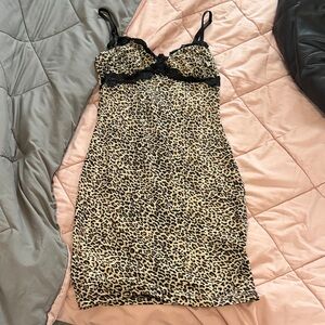 Leopard Print Slip Dress with Black Lace